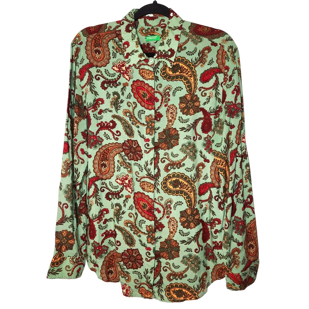 United Colors of Benetton Green Paisley Button Up‎ Shirt Size XL Preppy Career